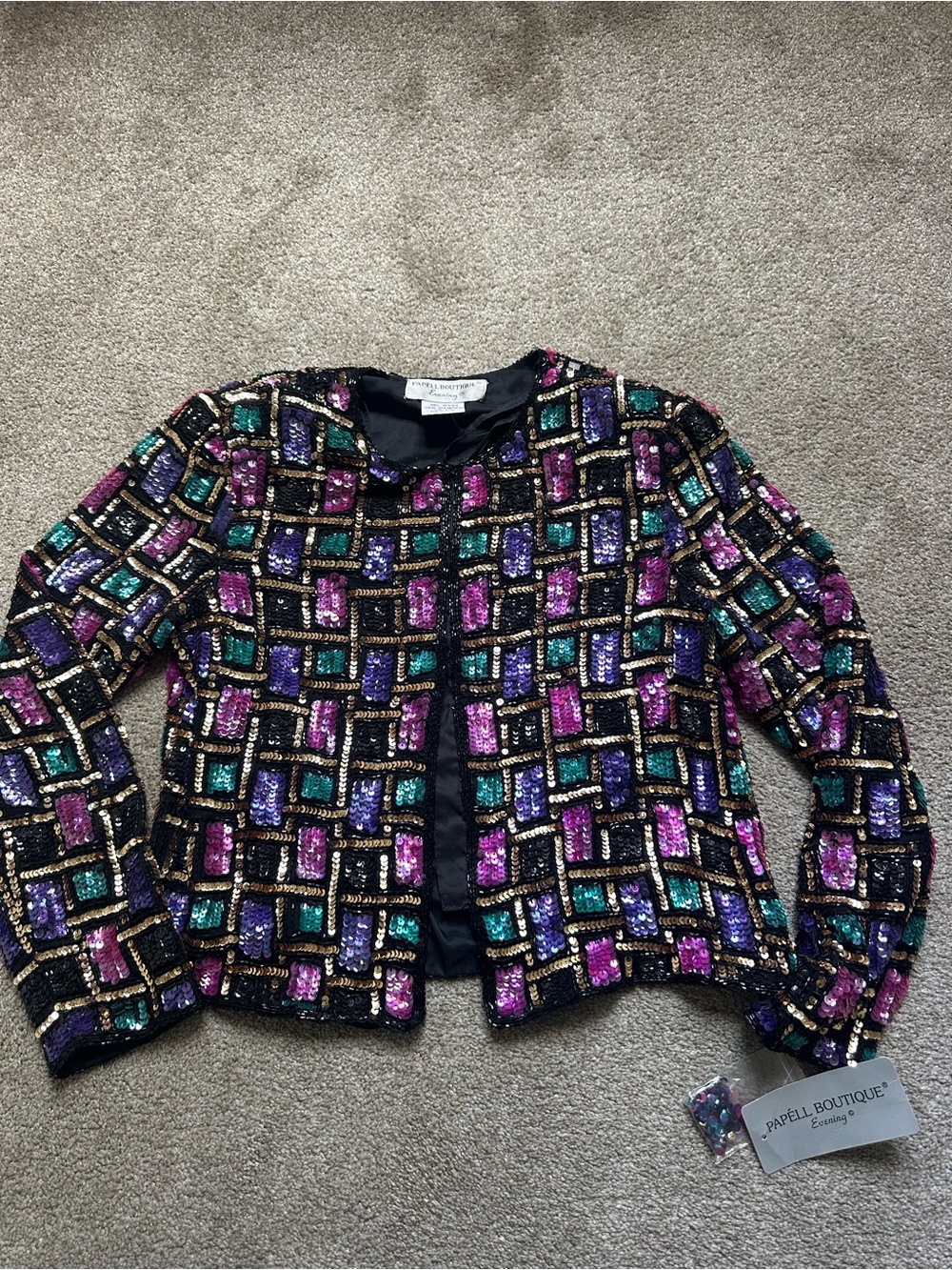 Papell Boutique NWT Vintage 80s Silk Black Checkered Colorful Sequins Jacket